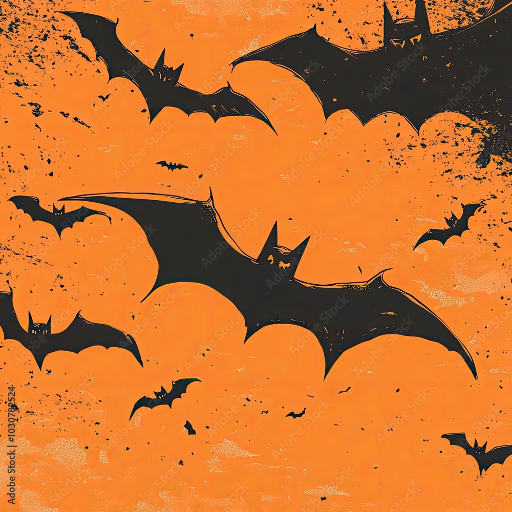 Halloween banner, poster with black bats on the orange background. Template vector Illustration for text. Halloween background with swarm of bats on orange sky. with generative ai Halloween banner, poster with black bats on the orange background. Template vector Illustration for text. Halloween background with swarm of bats on orange sky. with generative ai