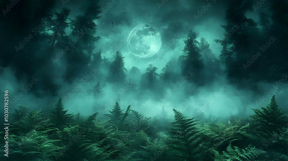 Ethereal forest scene with mist and a glowing moon. Ethereal forest scene with mist and a glowing moon.