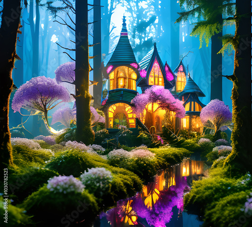 Natural landscape.fantasy world of fairytale country with houses and flowers Cartoon style Advertising for a book.generative ai