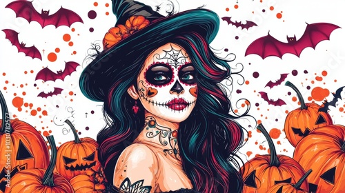 colorful pin up girl with half her face in sugar skull makeup wearing withch hat surrounded by pumpkins and bats in clip art style haloween themed background on white background vibrant color scheme