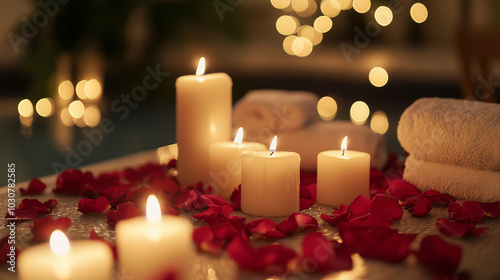 Valentine's Day themed spa setup with candles and rose petals