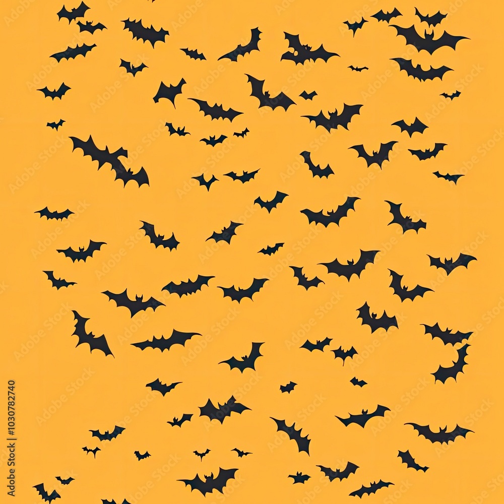 Naklejka premium Halloween banner, poster with black bats on the orange background. Template vector Illustration for text. Halloween background with swarm of bats on orange sky. with generative ai