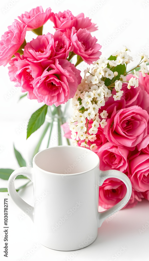 Two mugs mockup with a bouquet of pink carnations and a gypsophila on a white table isolated with white highlights, png
