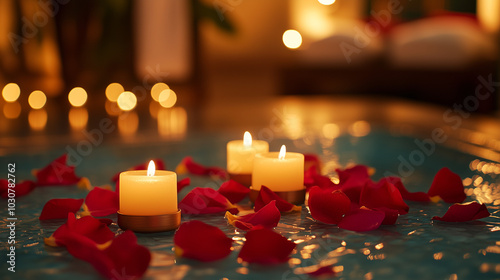 Valentine's Day themed spa setup with candles and rose petals