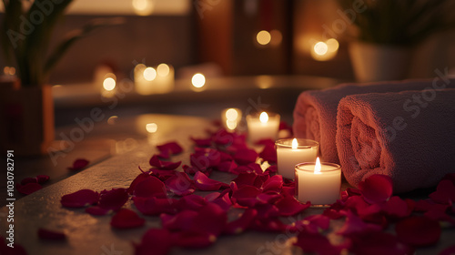Valentine's Day themed spa setup with candles and rose petals