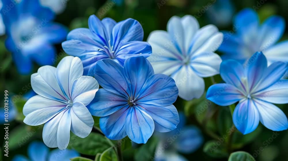 Blue and white flowers bloom in a garden Blue and white flowers bloom in a garden
