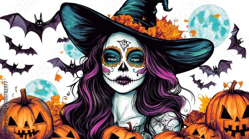 colorful pin up girl with half her face in sugar skull makeup wearing withch hat surrounded by pumpkins and bats in clip art style haloween themed background on white background vibrant color scheme photo