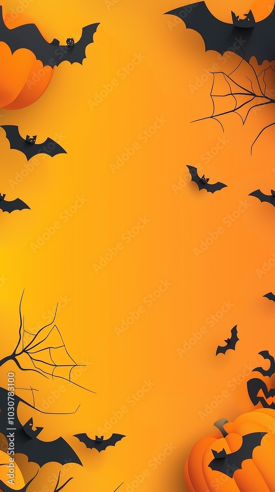A Halloween scene with a jack-o'-lanterns pumpkinsand bats against a bright background. A Halloween scene with a jack-o'-lanterns pumpkinsand bats against a bright background.