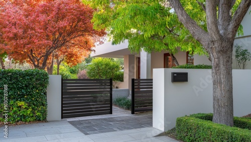 Black aluminum double sliding gate with horizontal slats photo