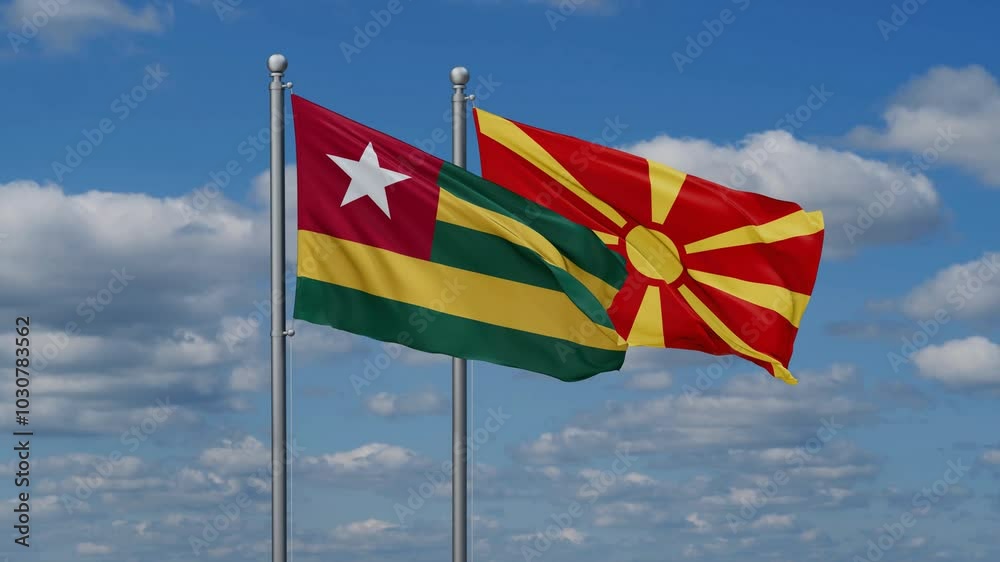 Togo and North Macedonia flags flying together, video concept of the relationship