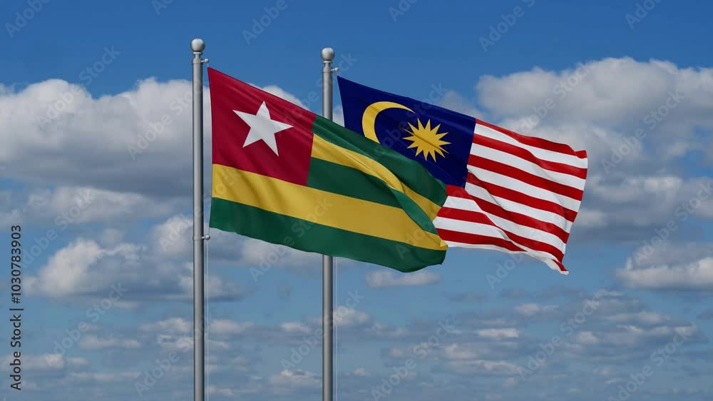 Malaysia and Togo flags flying together, video concept of the relationship, two country cooperation concept Malaysia and Togo flags flying together, video concept of the relationship, two country cooperation concept