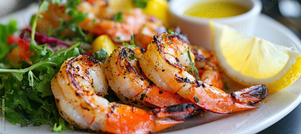 Gourmet Grilled Prawns with Garlic Butter, Lemon, and Fresh Salad for Summer Cuisine Delight Gourmet Grilled Prawns with Garlic Butter, Lemon, and Fresh Salad for Summer Cuisine Delight