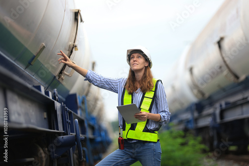 Female warehouse and chemical arrangement  or senior engineer working at  A station designed for transporting oil and gas products in specialized tanks, utilizing train transport on tracks