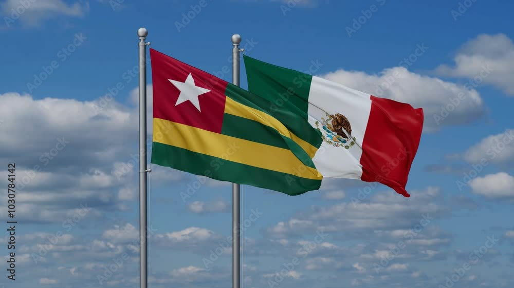 Mexico and Togo flags flying together, video concept of the relationship, two country relations concept Mexico and Togo flags flying together, video concept of the relationship, two country relations concept