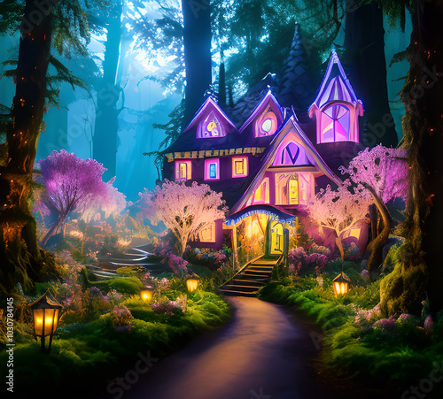 Natural landscape.fantasy world of fairytale country with houses and flowers Cartoon style Advertising for a book.generative ai