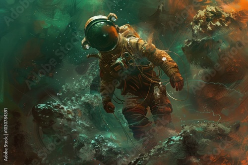 Human in a spacesuit venturing into the cosmos, symbolizing the exploration of distant planets and celestial bodies