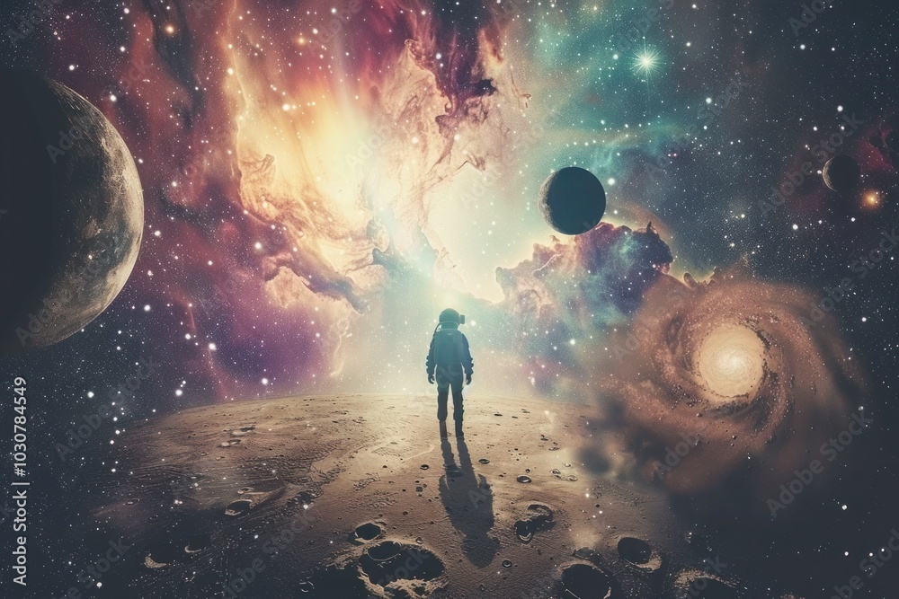 Obraz premium Human in a spacesuit venturing into the cosmos, symbolizing the exploration of distant planets and celestial bodies
