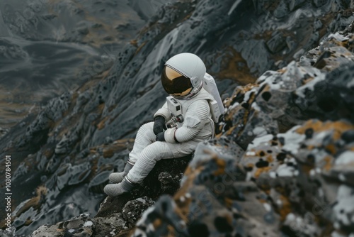 Human spacefarer in a spacesuit, navigating through the vastness of space and encountering extraterrestrial wonders photo