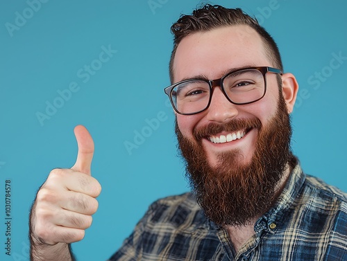 A smiling man with glasses and a beard gives a thumbs-up against a bright blue background, exuding positivity and friendliness. photo