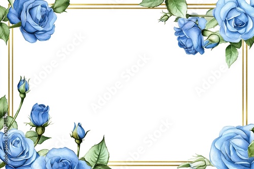 Floral corner border frame with blue roses flowers, eucalyptus branches and leaves. Perfect for Christmas card, wedding stationery, greetings, wallpapers, decoration. Hand painted illustration.