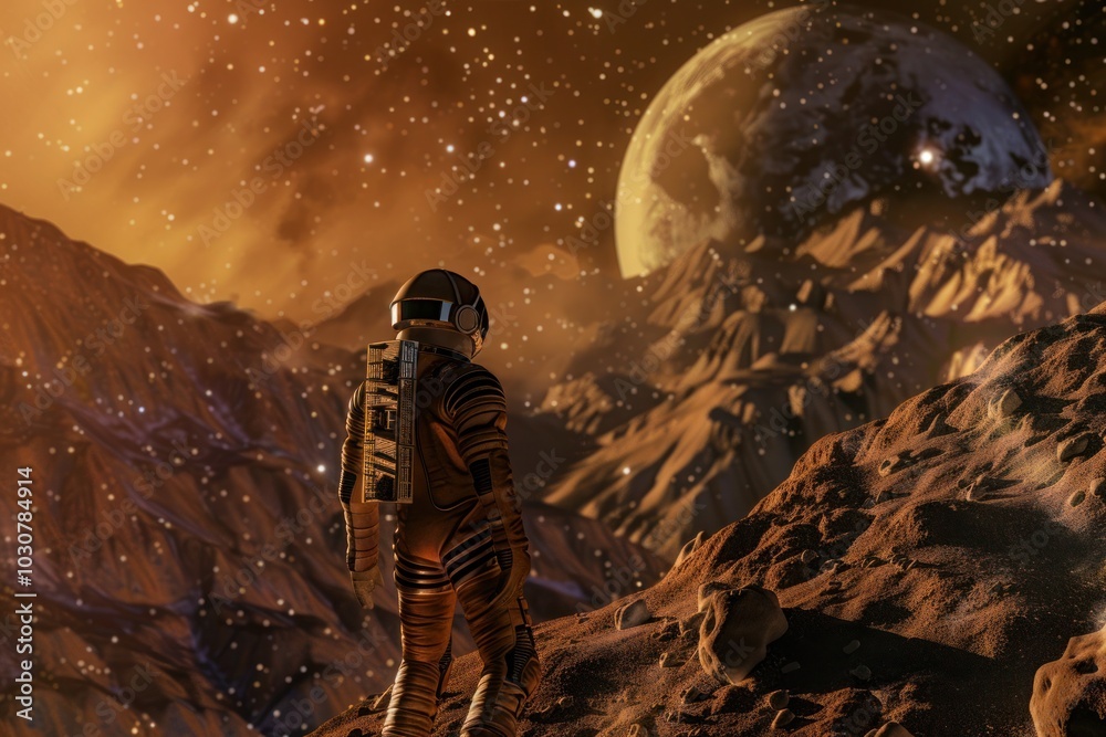 Space traveler in a spacesuit embarking on a cosmic odyssey, symbolizing the exploration of unknown worlds, Photo Space traveler in a spacesuit embarking on a cosmic odyssey, symbolizing the exploration of unknown worlds, Photo