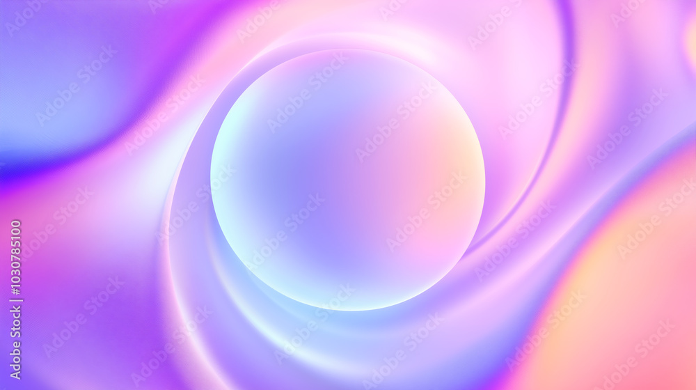 Obraz premium Abstract image featuring smooth, flowing waves and a glowing central sphere. The pastel gradient of purple, pink, and soft yellow creates a tranquil, futuristic design, ideal for backgrounds.