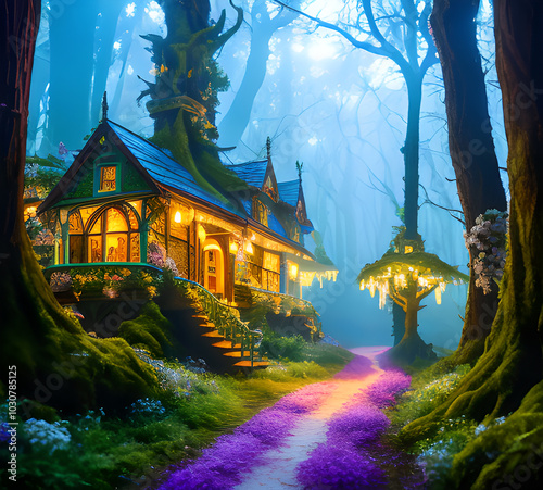 Natural landscape.fantasy world of fairytale country with houses and flowers Cartoon style Advertising for a book.generative ai
