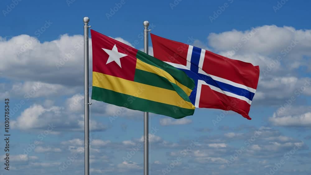 Norway and Togo flags flying together, video concept of the relationship, two country relations concept Norway and Togo flags flying together, video concept of the relationship, two country relations concept