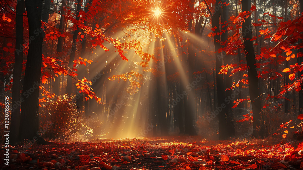 Fototapeta premium Magical Sunlit Autumn Forest with Colorful Fallen Leaves