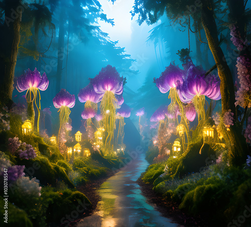 Natural landscape.fantasy world of fairytale country with houses and flowers Cartoon style Advertising for a book.generative ai