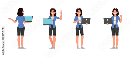Woman wear blue shirt character vector illustration design set. Presentation in various action.