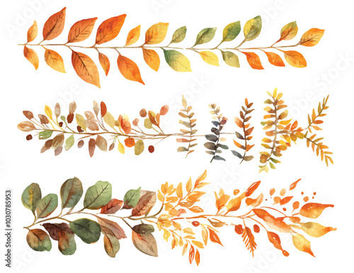 Set watercolor autumn fall wreath rustic arch twig leaves tree branches design resources elements isolated on transparent background