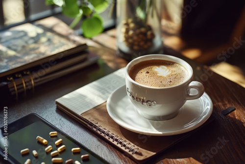 A modern biohacking workspace with a cup of biohacked coffee, nootropic supplements, and a smart notebook, promoting enhanced mental clarity and efficiency through optimized coffee photo