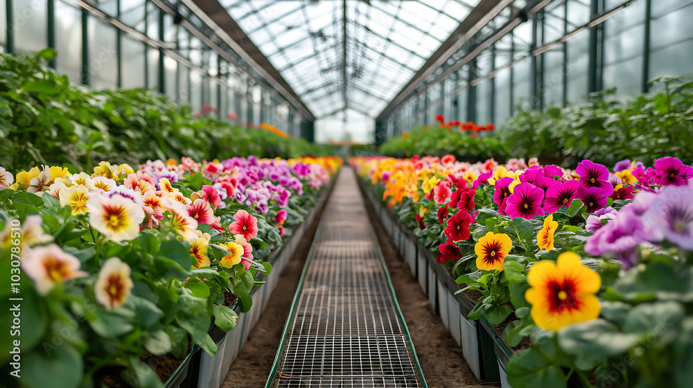 An indoor hydroponic farm featuring rows of vibrant, colorful flowers. The floor is lined with solar panels, reflecting a futuristic and eco-friendly environment