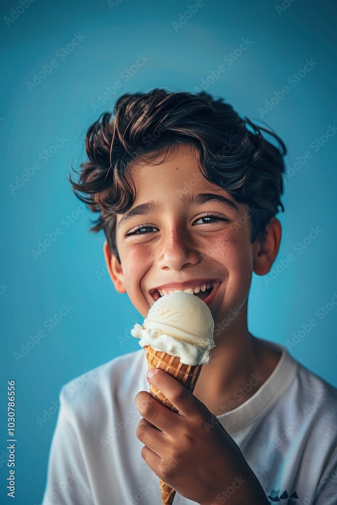 A school-aged boy with dark hair smiles brightly as he indulges in a cone of vanilla ice cream against a backdrop of a soft blue background A school-aged boy with dark hair smiles brightly as he indulges in a cone of vanilla ice cream against a backdrop of a soft blue background