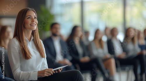 A young professional woman at a desk, her focused gaze directed slightly towards the viewer, suggesting engagement and confidence. She wears a tailored suit