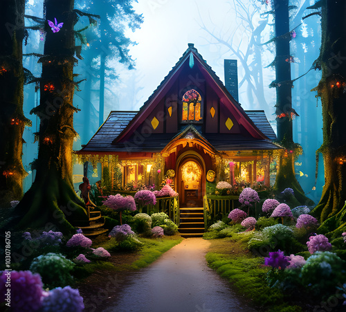 Natural landscape.fantasy world of fairytale country with houses and flowers Cartoon style Advertising for a book.generative ai