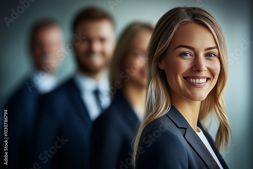A young professional woman at a desk, her focused gaze directed slightly towards the viewer, suggesting engagement and confidence. She wears a tailored suit