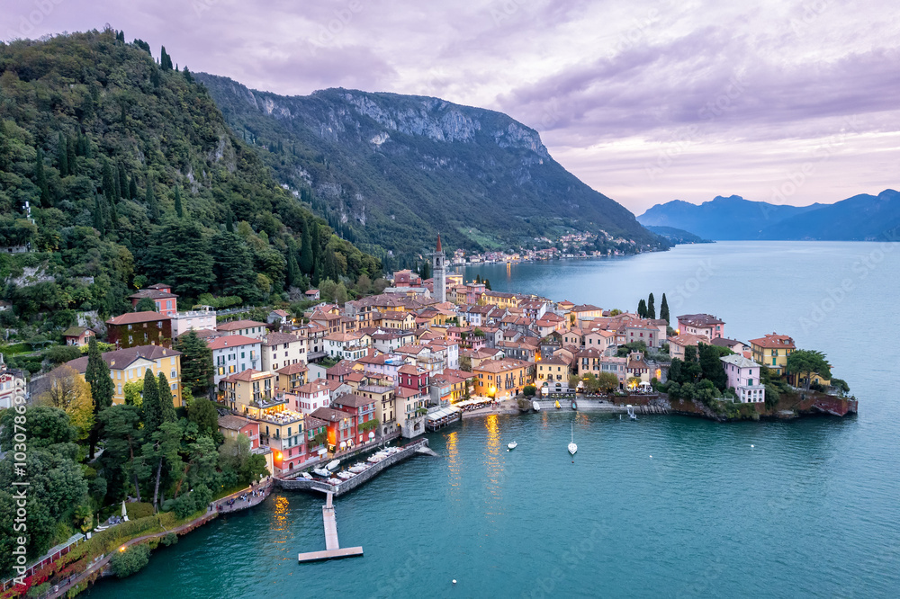 Magical Twilight Over Varenna Village on Lake Como