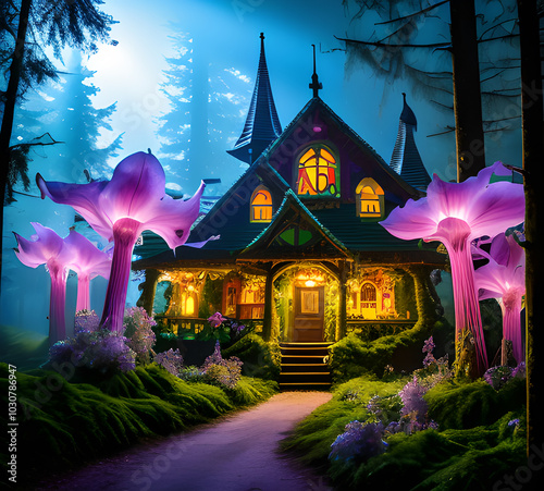 Natural landscape.fantasy world of fairytale country with houses and flowers Cartoon style Advertising for a book.generative ai