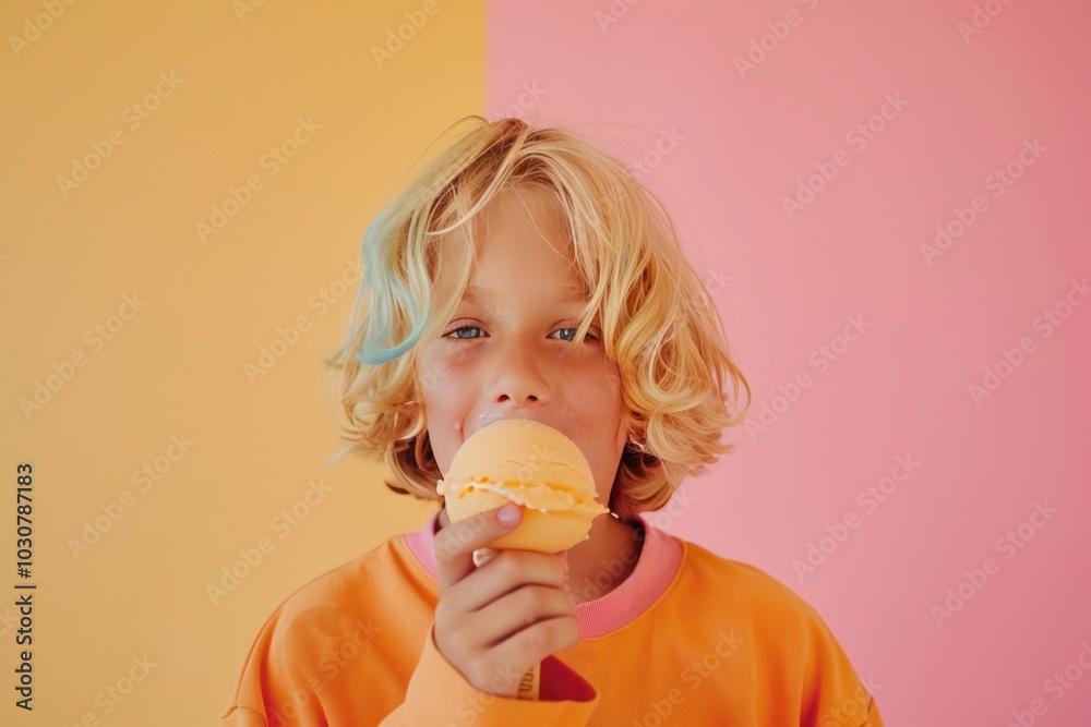 Vibrant blond boy happily eating a peach-flavored ice cream against a pastel background Vibrant blond boy happily eating a peach-flavored ice cream against a pastel background