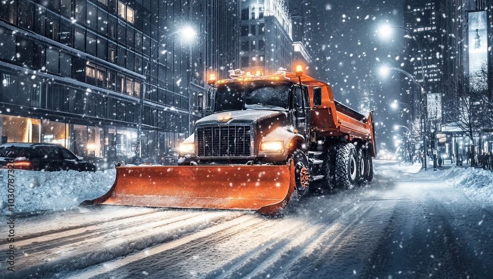 Snowplows working through the city streets during a winter storm. AI generated image Snowplows working through the city streets during a winter storm. AI generated image