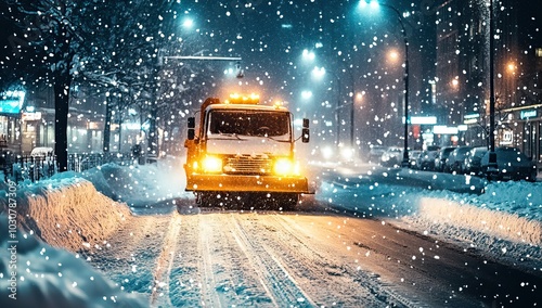 Snowplows working through the city streets during a winter storm. AI generated image