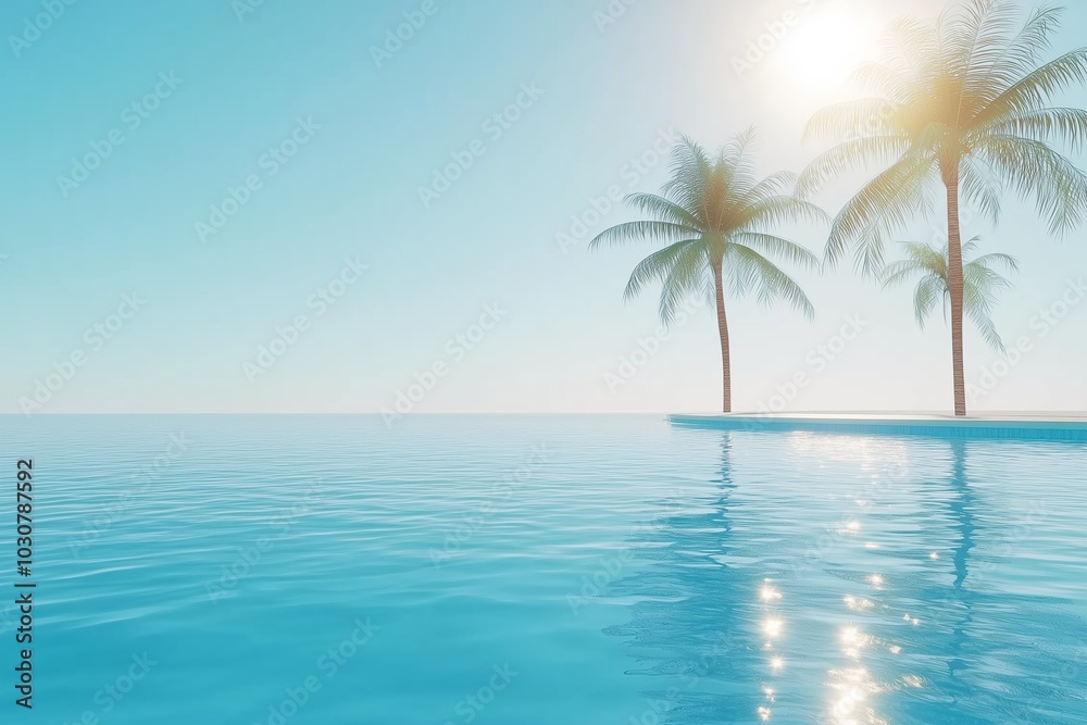A peaceful tropical scene featuring two tall palm trees overlooking a tranquil infinity pool. The crystal-clear water reflects the soft sunlight, creating a calm and serene atmosphere. A peaceful tropical scene featuring two tall palm trees overlooking a tranquil infinity pool. The crystal-clear water reflects the soft sunlight, creating a calm and serene atmosphere.