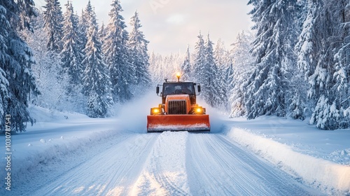 Snowplow clearing forest roads after heavy snowfall winter. AI generated image