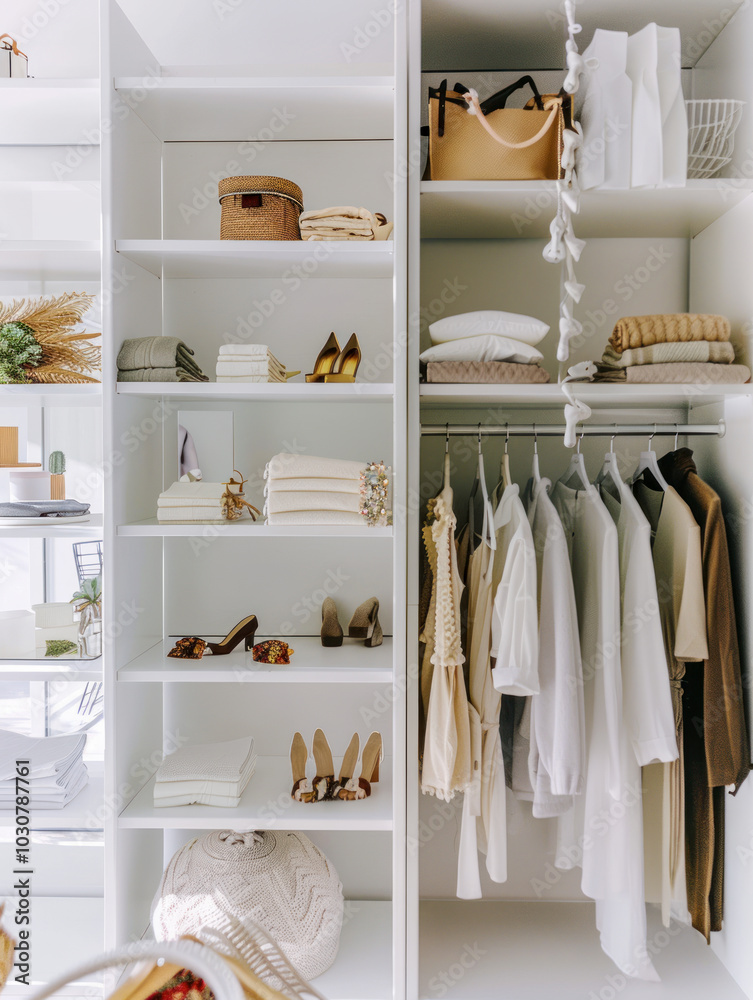 Elegant modern walk-in closet with organized storage. Elegant modern walk-in closet with organized storage.