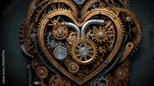 A mechanical realism illustration of a human heart intricately composed of gears, cogs, and machinery, symbolizing the blend of humanity and technology. 