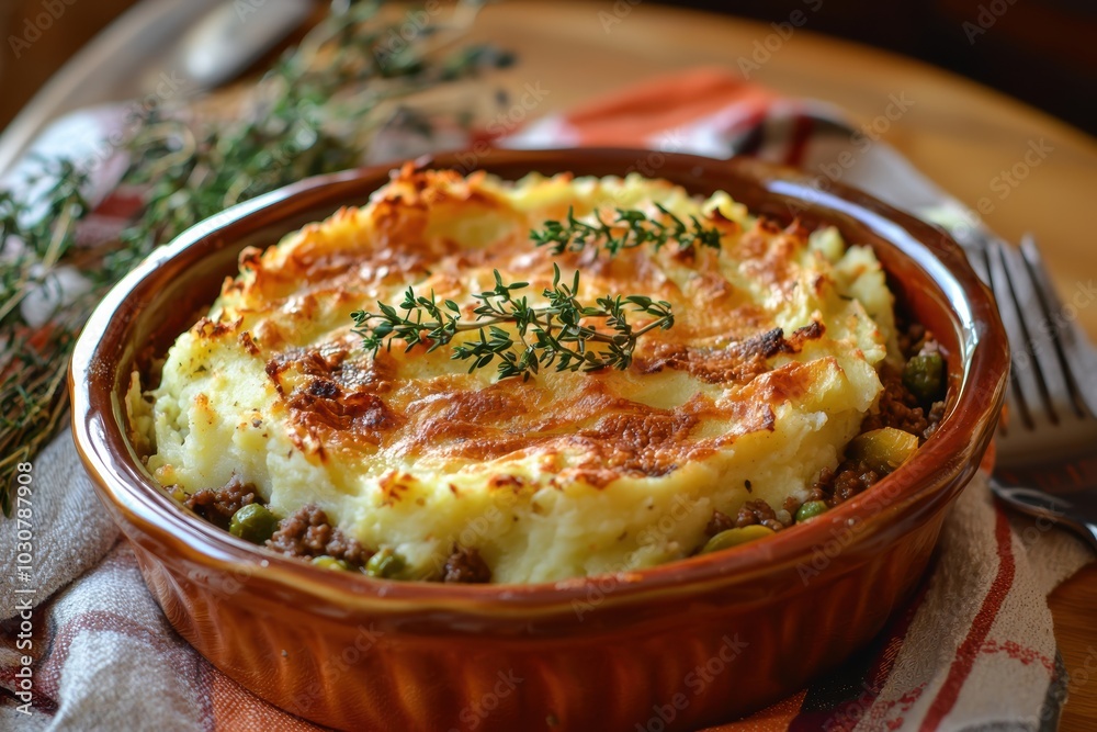 Rustic Shepherd's Pie with Golden Mashed Potatoes in a Ceramic Dish for Cozy Home Cooking Rustic Shepherd's Pie with Golden Mashed Potatoes in a Ceramic Dish for Cozy Home Cooking