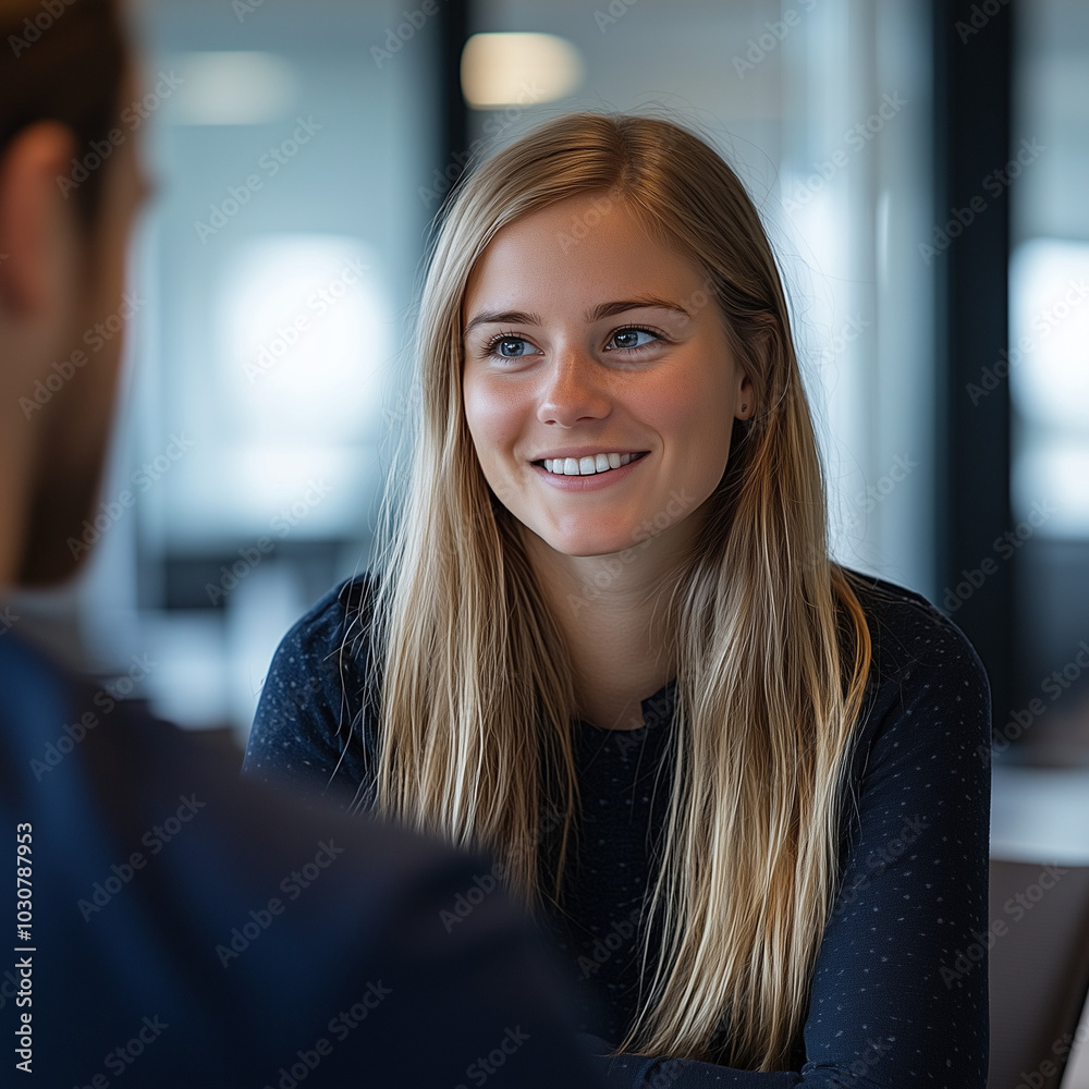 A young professional woman at a desk, her focused gaze directed slightly towards the viewer, suggesting engagement and confidence. She wears a tailored suit A young professional woman at a desk, her focused gaze directed slightly towards the viewer, suggesting engagement and confidence. She wears a tailored suit