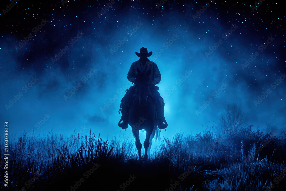 Silhouette of lone cowboy riding horse under starry night sky. Mysterious figure traverses moonlit prairie, surrounded by ethereal blue glow and wild grass. Silhouette of lone cowboy riding horse under starry night sky. Mysterious figure traverses moonlit prairie, surrounded by ethereal blue glow and wild grass.